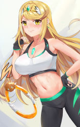 Rule 34 | 1girl, black leggings, blonde hair, breasts, chest jewel, cleavage, crossover, earrings, fingerless gloves, gloves, hand on own hip, highres, jewelry, kiiro kimi, large breasts, leggings, long hair, mythra (xenoblade), ring fit adventure, sports bra, swept bangs, very long hair, xenoblade chronicles (series), xenoblade chronicles 2, yellow eyes