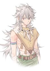 Rule 34 | 1boy, bandaged arm, bandaged chest, bandages, bone necklace, closed mouth, cropped legs, facial scar, genshin impact, green pants, grey hair, hair between eyes, highres, long hair, looking at viewer, male focus, pants, razor (genshin impact), razor is cute, red eyes, scar, scar on cheek, scar on face, simple background, solo, tassel, very long hair, white background