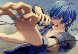 Rule 34 | 1boy, black shirt, blue eyes, blue hair, blurry, blurry foreground, bracelet, collarbone, commentary, cross, cross necklace, depth of field, dust, foreshortening, holding, holding microphone, jewelry, kaito (vocaloid), male focus, microphone, microphone stand, necklace, nokuhashi, open mouth, ring, scowl, shirt, teeth, upper body, v-shaped eyebrows, vocaloid