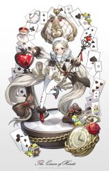 Rule 34 | 1girl, albino, alice in wonderland, card, clock, crown, cup, frog, highres, holding, holding scepter, lerome, long hair, original, outstretched arms, pantyhose, playing card, queen of hearts (alice in wonderland), red eyes, ribbon, scepter, signature, solo focus, standing, standing on one leg, tea, teacup, twintails, very long hair, white hair