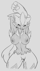 Rule 34 | 1girl, animal ears, animal hands, body fur, breasts, claws, creatures (company), furry, game freak, gen 7 pokemon, highres, legendary pokemon, licking lips, monochrome, mythical pokemon, nintendo, nipples, pokemon, pussy, sketch, skykain, third-party edit, tongue, tongue out, whiskers, zeraora