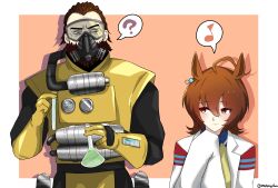Rule 34 | 1boy, 1girl, ?, absurdres, agnes tachyon (umamusume), ahoge, animal ears, apex legends, canister, caustic (apex legends), commentary, crossover, earrings, eighth note, erlenmeyer flask, flask, gas mask, gloves, hazmat suit, height difference, highres, holding, holding flask, holding test tube, horse ears, horse girl, jewelry, lab coat, long sleeves, mask, masteragatha, medium hair, musical note, outside border, pink background, single earring, sleeves past fingers, sleeves past wrists, spoken musical note, spoken question mark, test tube, trait connection, twitter username, umamusume, upper body, yellow gloves
