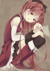 10s 1girl bad_feet bad_id bad_pixiv_id bare_shoulders black_thighhighs boots detached_sleeves female_focus high_heels light_smile long_hair magical_girl mahou_shoujo_madoka_magica mahou_shoujo_madoka_magica_(anime) maki_(natoriumu) pinky_swear ponytail red_eyes red_hair sakura_kyoko sakura_kyoko_(magical_girl) shoes simple_background solo squatting thighhighs very_long_hair