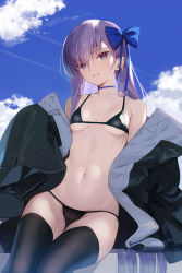 Rule 34 | 1girl, artist name, bare shoulders, bikini, black bikini, black thighhighs, blue sky, bow, breasts, choker, cloud, collarbone, commentary request, day, fate/grand order, fate (series), hair bow, hair ornament, highres, long coat, long hair, long sleeves, looking at viewer, meltryllis, meltryllis (fate), meltryllis (swimsuit lancer) (fate), meltryllis (swimsuit lancer) (first ascension) (fate), navel, off shoulder, outdoors, parted lips, purple eyes, purple hair, signature, siino, simple background, sitting, sky, sleeves past wrists, small breasts, smile, solo, stomach, swimsuit, thighhighs, thighs