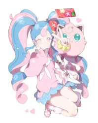Rule 34 | 1girl, blue hair, blue skirt, cellphone, choker, creatures (company), fairy miku (project voltage), flower, game freak, gen 1 pokemon, gyaru, hair flower, hair ornament, hatsune miku, heart, highres, jigglypuff, long hair, long sleeves, multicolored hair, nintendo, phone, pillow, pink eyes, pink hair, pink nails, pink sweater, pokemon, pokemon (creature), project voltage, simple background, skirt, smartphone, solo, streaked hair, sweater, taking picture, twintails, v, very long hair, vocaloid, white background, yuuli (tuna221022)