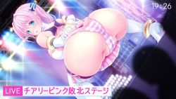 Rule 34 | 1girl, aigan tenshi cheery pink, ass, back, bare shoulders, blue eyes, blush, breasts, butt crack, cameltoe, cheery pink, cleft of venus, elbow gloves, gloves, hair ornament, highres, huge ass, long hair, open mouth, panties, pink hair, pleated skirt, skirt, solo, squatting, striped clothes, striped panties, sweatdrop, thighhighs, underwear, v-mag, white gloves, white thighhighs