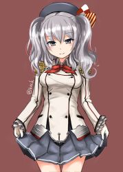 Rule 34 | 10s, 1girl, breasts, buttons, epaulettes, female focus, frilled sleeves, frills, gloves, grey eyes, grey hair, grey skirt, hat, jacket, kantai collection, kashima (kancolle), knck, large breasts, looking at viewer, military, military uniform, miniskirt, red background, sidelocks, simple background, skirt, skirt hold, smile, solo, tsurime, twintails, uniform, wavy hair, white gloves