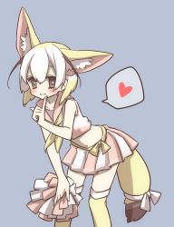 Rule 34 | 10s, 1girl, :3, animal ear fluff, animal ears, bare arms, blonde hair, blush, brown eyes, extra ears, fennec (kemono friends), finger to mouth, fox ears, fox tail, grey background, hair between eyes, hand on own knee, heart, highres, kemono friends, leaning forward, looking at viewer, midriff, multicolored hair, petit ramune, pleated skirt, pom pom (cheerleading), ribbon, sailor collar, short hair, simple background, skirt, solo, spoken heart, tail, tail ornament, tail ribbon, thighhighs, white hair, yellow thighhighs, zettai ryouiki