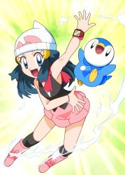 Rule 34 | 1girl, blue eyes, blue hair, blush, breasts, creatures (company), curvy, dawn (pokemon), female focus, game freak, gen 4 pokemon, hainchu, jumping, looking at viewer, nintendo, piplup, pokemon, pokemon (anime), pokemon (creature), pokemon dppt (anime), skirt, small breasts
