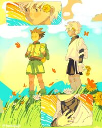 Rule 34 | 2boys, backpack, bag, black shorts, blue eyes, blue sky, blush, bug, butterfly, child, cloud, facing up, flower, freeligaya, gon freecss, green footwear, green jacket, green shorts, holding, holding flower, hunter x hunter, insect, jacket, killua zoldyck, looking at another, male focus, multiple boys, shirt, short hair, shorts, signature, sky, spiked hair, white shirt