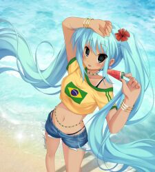 1girl arm_up beach bead_necklace beads bikini bikini_under_clothes blue_eyes blue_hair blush bracelet brazilian_flag brazilian_flag_print brazilian_miku commentary crop_top dark-skinned_female dark_skin denim denim_shorts english_commentary exposed_pocket flag_print flower food from_above hair_flower hair_ornament hand_on_own_head hatsune_miku highres holding holding_food holding_popsicle jelly_(bonnybel) jewelry long_hair looking_at_viewer navel necklace ocean off_shoulder popsicle short_shorts shorts smile solo swimsuit tan twintails very_long_hair vocaloid water watermelon_bar