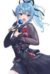 Rule 34 | 1girl, asymmetrical clothes, belt, black belt, black nails, blue eyes, blue hair, breasts, floating hair, floral print, gloves, hair ribbon, high ponytail, highres, hololive, hoshimachi suisei, hoshimachi suisei (shout in crisis), long hair, microphone, music, official alternate costume, open mouth, print shirt, ribbon, rose print, see-through, see-through sleeves, shirt, simple background, singing, single glove, small breasts, solo, star (symbol), star in eye, symbol in eye, ta shiuji30, v-shaped eyebrows, virtual youtuber, white background, wing hair ornament