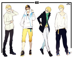 Rule 34 | 10s, 1boy, blonde hair, full body, glasses, haikyuu!!, hands in pockets, hat, headphones, highres, hood, hood down, hooded jacket, jacket, looking to the side, male focus, multiple persona, multiple views, open clothes, open jacket, pants, short hair, standing, tsukishima kei, white background, yasai (getsu), yellow eyes
