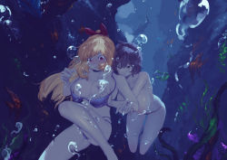 Rule 34 | 2girls, absurdres, bikini, black hair, blonde hair, bow, breasts, bubble, bubble censor, censored, censored nipples, convenient censoring, fish, freediving, grabbing, grabbing from behind, hair bow, highres, implied yuri, large breasts, long hair, multiple girls, nipples, original, pointless censoring, puffy cheeks, rou (rou22), seaweed, short hair, swimsuit, underwater