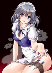 Rule 34 | 1girl, blue eyes, bottomless, braid, breasts, cleavage, covered erect nipples, female focus, izayoi sakuya, knife, maid, maid headdress, short hair, silver hair, solo, spanking momoko, thigh strap, throwing knife, touhou, twin braids, weapon