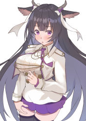 Rule 34 | 1girl, :o, aa44, animal ears, azur lane, black hair, black thighhighs, blunt bangs, blush, breasts, buttons, commentary, cow ears, cow horns, cropped jacket, floating hair, hair ribbon, highres, horns, jacket, kashino (azur lane), large breasts, long hair, long sleeves, looking at viewer, miniskirt, neckerchief, open clothes, open jacket, pleated skirt, purple eyes, purple neckerchief, purple skirt, ribbon, shirt, sidelocks, simple background, skirt, solo, standing, teeth, thighhighs, upper teeth only, white background, white jacket, white shirt, zettai ryouiki