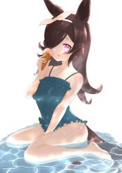 Rule 34 | 1girl, absurdres, animal ears, barefoot, black hair, blue one-piece swimsuit, breasts, closed mouth, feet, food, hair over one eye, hair ribbon, hatoya (user addr8334), highres, holding, holding food, horse ears, horse girl, horse tail, ice cream cone, legs, licking lips, long hair, one-piece swimsuit, pink eyes, ribbon, rice shower (umamusume), small breasts, solo, swimsuit, tail, toes, tongue, tongue out, umamusume, wading, water, wet, white background, white ribbon