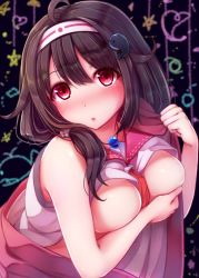 Rule 34 | 10s, 1girl, :o, armpit peek, bare arms, bare shoulders, black hair, blush, breasts, covering privates, covering breasts, flipped hair, hair ornament, hair over shoulder, hairband, highres, japanese clothes, jewelry, kantai collection, kimono, large breasts, looking at viewer, low ponytail, magatama, necklace, nicoby, nose blush, red eyes, ryuuhou (kancolle), sleeveless, solo, taigei (kancolle), upper body, whale hair ornament