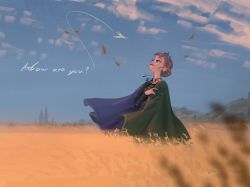 Rule 34 | 1girl, anna (frozen), blue eyes, blue sky, blurry, blurry foreground, brown hair, cape, cloud, cloudy sky, collarbone, commentary request, depth of field, dress, earrings, english text, field, frozen (disney), frozen ii (disney), hair bun, hand on own chest, highres, jewelry, leaf, lipstick, long sleeves, looking up, makeup, masso, mountain, nature, outdoors, palace, paper airplane, profile, red lips, single hair bun, sky, smile, solo, tiara, wheat field