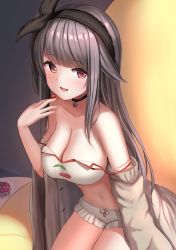 Rule 34 | 1girl, azur lane, bare shoulders, black hair, black hairband, blush, breasts, cardigan, cherry, cherry print, choker, cleavage, commentary request, food, food print, fruit, hairband, highres, large breasts, long hair, long sleeves, looking at viewer, manda (manda9n), off shoulder, official alternate costume, open cardigan, open clothes, open mouth, pamiat merkuria (azur lane), pamiat merkuria (sweet cherry memories) (azur lane), purple eyes, short shorts, shorts, smile, solo