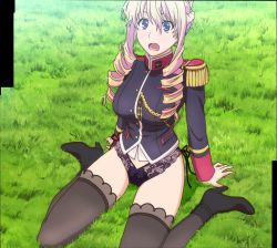 Rule 34 | 10s, 1girl, :o, ankle boots, bertille althusser, blonde hair, blue eyes, blush, boots, drill hair, epaulettes, grass, highres, no pants, open mouth, panties, screencap, solo, stitched, thighhighs, third-party edit, twin drills, twintails, underwear, walkure romanze