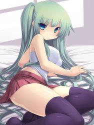 Rule 34 | 1girl, :&lt;, bad id, bad pixiv id, bare shoulders, bed, black thighhighs, blue eyes, breasts, female focus, green hair, large breasts, legs, long hair, looking at viewer, lying, miniskirt, on side, original, shiny skin, shirt, side ponytail, skirt, solo, thighhighs, thighs, tsukumiya amane, zettai ryouiki