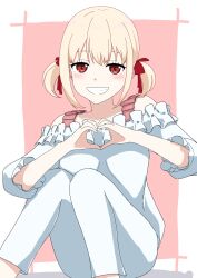 Rule 34 | 1girl, :d, absurdres, akaneiro (akane color35), alternate costume, alternate hairstyle, bare shoulders, blonde hair, blush, border, bow, casual, collarbone, commentary, eyelashes, feet out of frame, frilled shirt, frilled sleeves, frills, grin, hair between eyes, hair bow, hair ribbon, hands up, heart, heart hands, highres, knees up, long sleeves, looking at viewer, loungewear, lycoris recoil, nishikigi chisato, open mouth, pants, pink background, red bow, red eyes, red ribbon, ribbon, shirt, short hair, short twintails, simple background, sitting, skirt, smile, smug, solo, twintails, white border, white pants, white skirt