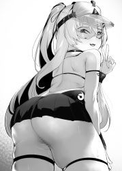 Rule 34 | 013 (hamsasuke), 1girl, ass, azur lane, bache (azur lane), bache (showy sports star) (azur lane), back, bare shoulders, blush, breasts, goggles, greyscale, highres, long hair, looking at viewer, looking back, monochrome, open mouth, small breasts, smile, solo, sportswear, tennis dress, tennis uniform, twintails, v, visor cap, wrist cuffs