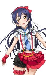Rule 34 | 1girl, artist request, blue hair, blush, bokura wa ima no naka de, bow, breasts, brown eyes, earrings, fingerless gloves, frills, gloves, hair bow, hairband, jewelry, looking at viewer, love live!, love live! school idol festival, love live! school idol festival after school activity, love live! school idol project, navel, necktie, official art, open mouth, outstretched arms, plaid, puffy pants, puffy shorts, shorts, small breasts, smile, solo, sonoda umi, spread arms, striped necktie, striped neckwear, suspenders, thigh gap, transparent background