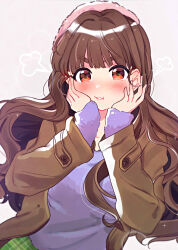 Rule 34 | 1girl, blush, brown coat, brown hair, coat, fur hat, fur shirt, hands on own cheeks, hands on own face, hat, highres, idolmaster, idolmaster cinderella girls, kamiya nao, long hair, long sleeves, looking at viewer, pink hat, puff of air, purple shirt, red eyes, shirt, simple background, solo, thick eyebrows, upper body, very long hair, wenquangua