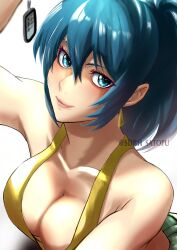 Rule 34 | 1girl, bare shoulders, blue eyes, blue hair, breasts, cleavage, dog tags, earrings, highres, jewelry, large breasts, leona heidern, looking at viewer, medium breasts, ponytail, satopuu, sleeveless, smile, soldier, solo, tank top, the king of fighters, the king of fighters xv, triangle earrings, twitter username, yellow tank top