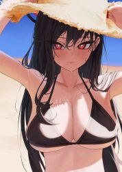 Rule 34 | 1girl, bare arms, bare shoulders, bikini, black bikini, black hair, blue archive, blush, breasts, cleavage, collarbone, hat, highres, large breasts, long hair, looking at viewer, red eyes, ringed eyes, rio (blue archive), solo, starblue, straw hat, swimsuit, upper body