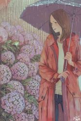 Rule 34 | 1girl, absurdres, artist name, bamboo, bamboo fence, blush, brown hair, commentary request, dated, fence, flower, frog, highres, hydrangea, lipstick, long hair, makeup, original, rain, raincoat, smile, solo, umbrella, water drop, zennosuke