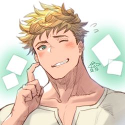 Rule 34 | 1boy, blonde hair, blush, finger to cheek, granblue fantasy, green eyes, hand up, looking at viewer, male focus, one eye closed, shirt, short hair, smile, solo, teeth, upper body, vane (granblue fantasy), white shirt, yowaifish