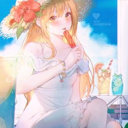 Rule 34 | 1girl, :p, absurdres, bad id, bad pixiv id, blue sky, blush, book, bracelet, cloud, collarbone, commission, cup, day, dress, drink, drinking glass, drinking straw, flower, food, fruit, hat, hat flower, hibiscus, highres, holding, holding food, jewelry, long hair, looking at viewer, orange eyes, original, patch oxxo, popsicle, sitting, sky, solo, straw hat, summer, sundress, tongue, tongue out, very long hair, white dress