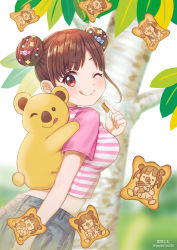 Rule 34 | 1girl, ;q, blurry, blush, breasts, brown hair, candy, candy hair ornament, carrying, closed mouth, commentary request, crop top, denim, denim skirt, double bun, food, food-themed hair ornament, from side, hair bun, hair ornament, highres, idolmaster, idolmaster shiny colors, koala, looking at viewer, medium breasts, one eye closed, palm tree, piggyback, red eyes, shirt, short hair, short sleeves, skirt, smile, solo, sonoda chiyoko, soramame tomu, striped clothes, striped shirt, tongue, tongue out, tree