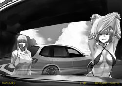 Rule 34 | 2girls, arms up, bracelet, breasts, car, cellphone, cloud, dated, greyscale, holding, holding phone, jewelry, looking at viewer, medium breasts, monochrome, motor vehicle, multiple girls, naughty face, navel, nimuno (munimuni), original, outdoors, phone, road, shirt, short hair, slingshot swimsuit, smile, swimsuit, t-shirt, underwear