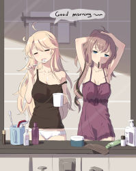 Rule 34 | 10s, 2girls, = =, ahoge, armpits, arms behind head, arms up, bad id, bad pixiv id, bathroom, blonde hair, blue eyes, blush, breasts, brown hair, brushing teeth, chemise, cnm, comb, cowboy shot, english text, closed eyes, highres, indoors, iowa (kancolle), kantai collection, large breasts, long hair, medium breasts, messy hair, mirror, mouth hold, multiple girls, panties, reflection, saratoga (kancolle), sleepy, speech bubble, standing, strap slip, tank top, toothbrush, toothpaste, tying hair, underwear, white panties