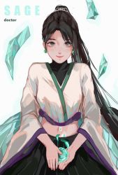 Rule 34 | 1girl, adapted costume, animification, black hair, black skirt, character name, crystal, earrings, green eyes, highres, jewelry, long hair, looking at viewer, navel, parted bangs, ponytail, robe, sage (valorant), skirt, smile, solo, sumi (suumiko ), valorant, white background