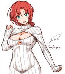 Rule 34 | 1girl, artist name, boudica (fate), breasts, cleavage, commentary request, fate/grand order, fate (series), fue (rhomphair), green eyes, impossible clothes, impossible sweater, large breasts, meme attire, open-chest sweater, open mouth, parted bangs, red hair, ribbed sweater, signature, simple background, sketch, sleeves past wrists, smile, solo, sweater, teeth, turtleneck, turtleneck sweater, twitter username, upper body, white background
