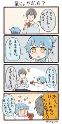 Rule 34 | 1boy, 1girl, 4koma, :d, puff of air, ^^^, black hair, blue hair, blue shirt, blush stickers, candy, chocolate, chocolate heart, collared shirt, comic, fingers together, food, hair flaps, heart, holding, holding chocolate, holding food, index fingers together, lab coat, long sleeves, no eyes, open mouth, personification, ponytail, red ribbon, ribbon, sanpaku, shirt, sidelocks, smile, sweatdrop, translation request, tsukigi, twitter, twitter-san, twitter-san (character), twitter username, valentine, yellow eyes, yellow ribbon