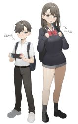 Rule 34 | 1boy, 1girl, age difference, backpack, bag, belt, black footwear, black legwear, black pants, black sweater, blouse, blush, bow, bowtie, collared shirt, full body, grey eyes, grey hair, grey skirt, hair ornament, hairclip, handheld game console, hands up, highres, long hair, miniskirt, nintendo switch, open mouth, original, pants, pleated skirt, red bow, red neckwear, shirt, shoes, short hair, short sleeves, simple background, skirt, sleeves past wrists, smile, socks, standing, sweater, translated, white background, white footwear, white shirt, yuu (yuu ammy)