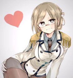 Rule 34 | 1girl, blouse, blue eyes, blush, breasts, brown hair, buttons, collared shirt, double-breasted, epaulettes, folded ponytail, glasses, gradient background, grey background, grey shirt, grey skirt, hand on own thigh, heart, heart-shaped pupils, jacket, kantai collection, katori (kancolle), kerchief, large breasts, light brown hair, necktie, nobuwi corporation, pantyhose, parted bangs, pencil skirt, pointer, riding crop, rimless eyewear, shirt, skirt, smile, symbol-shaped pupils, uniform