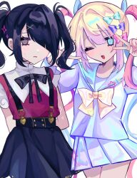 Rule 34 | 2girls, ame-chan (needy girl overdose), arms behind back, black hair, black ribbon, black skirt, blonde hair, blue bow, blue eyes, blue hair, blue shirt, blue skirt, bow, chouzetsusaikawa tenshi-chan, collar, collared shirt, cowboy shot, double v, grey eyes, hair bow, hair ornament, hair over one eye, hair tie, hairclip, hands up, heart, heart hair ornament, highres, holographic clothing, long hair, long sleeves, looking at viewer, multicolored hair, multiple girls, neck ribbon, needy girl overdose, one eye closed, open mouth, pink bow, pink hair, pleated skirt, purple bow, quad tails, red shirt, ribbon, sailor collar, school uniform, serafuku, shirt, shirt tucked in, shizumu (shi zumu), skirt, smile, sparkle, suspender skirt, suspenders, twintails, v, v over eye, very long hair, white collar, x hair ornament, yellow bow