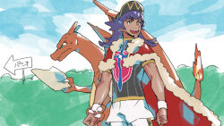 Rule 34 | 1boy, :d, baseball cap, cape, champion uniform, charizard, clenched hand, commentary request, creatures (company), dark-skinned male, dark skin, day, facial hair, fire, flame-tipped tail, fur-trimmed cape, fur trim, game freak, gen 1 pokemon, hat, holding, holding paper, leon (pokemon), long hair, male focus, nintendo, open mouth, outdoors, paper, pokemon, pokemon (creature), pokemon swsh, purple hair, red cape, shirt, short shorts, short sleeves, shorts, sign, smile, suruga dbh, sweat, teeth, tongue, white legwear, white shorts, white wristband, wristband, yellow eyes