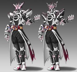 Rule 34 | 1boy, armor, armored boots, black armor, boots, breastplate, cape, energy, evolto, full armor, full body, glowing, glowing eyes, hand up, helmet, highres, kamen rider, kamen rider build (series), kamen rider evol, male focus, monochrome, pauldrons, rider belt, shoulder armor, shoulder spikes, signature, skaphel, spikes, standing, tokusatsu, traditional media, waist cape, white eyes