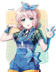 Rule 34 | 1girl, :p, alternate hairstyle, aoba moca, bad id, bad pixiv id, bang dream!, blue bow, blue overalls, blue ribbon, bow, character name, earrings, feather necklace, frills, green eyes, green shirt, grey hair, hair ribbon, heart, heart earrings, jewelry, looking at viewer, minori (faddy), necklace, overalls, plaid, plaid shirt, pointing, pointing at self, ribbon, shirt, short hair, short sleeves, solo, tongue, tongue out, twintails, v-shaped eyebrows, w, wrist cuffs