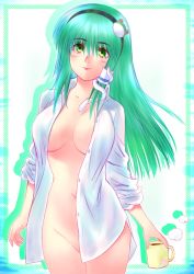 Rule 34 | 1girl, blush, border, breasts, convenient censoring, cup, green eyes, green hair, hairband, highres, holding, holding cup, kochiya sanae, kurimuzon, large breasts, long hair, looking at viewer, matching hair/eyes, naked shirt, navel, no bra, no panties, open clothes, shirt, silhouette, smile, solo, standing, touhou