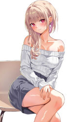 Rule 34 | 1girl, absurdres, bare shoulders, blush, collarbone, earrings, furen e lustario, hair over shoulder, hand on own thigh, highres, jewelry, knees, long hair, looking at viewer, nijisanji, off-shoulder sweater, off shoulder, oniku (o29sukizero), sitting, skirt, sweater, virtual youtuber, white background, white sweater