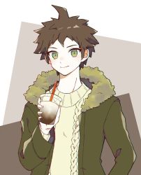 Rule 34 | 1boy, ahoge, alternate costume, beige sweater, braid, brown background, brown eyes, brown hair, closed mouth, commentary request, cup, danganronpa (series), danganronpa 2: goodbye despair, drinking straw, fur-trimmed jacket, fur trim, green eyes, green jacket, grey background, hand up, highres, hinata hajime, holding, holding cup, jacket, looking at viewer, lun (dbvajzr), male focus, short hair, smile, solo, sweater, upper body, white background